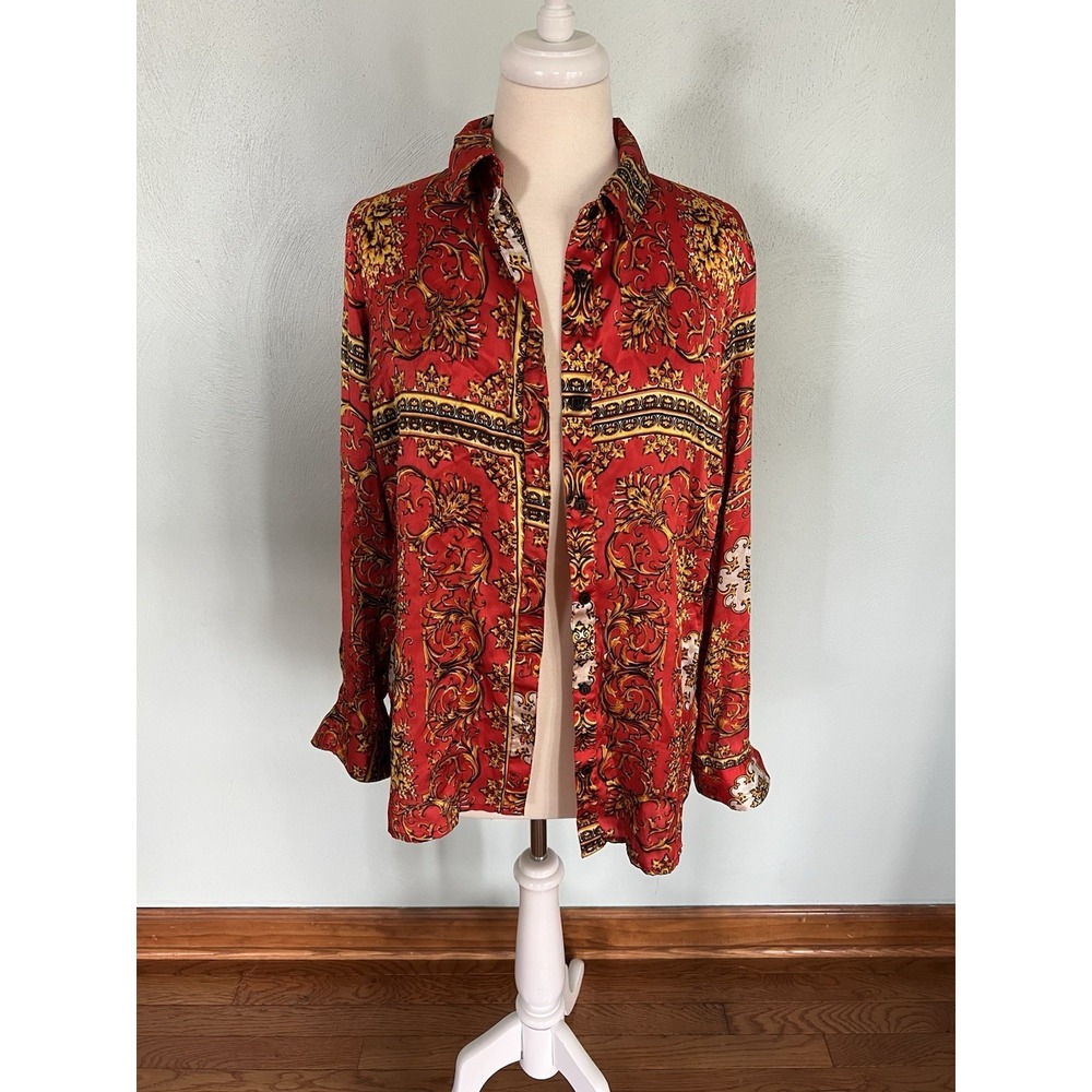 Boo Hoo Baroque Style Paisley Print Front Button Closure Blouse Lg Sleeve Sz 8‎